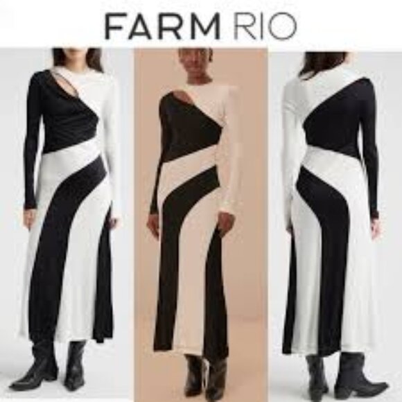 FARM Rio Dresses & Skirts - FARM Rio Elegant Black And White Cut-Out Detail Long Sleeve Midi Maxi Dress M